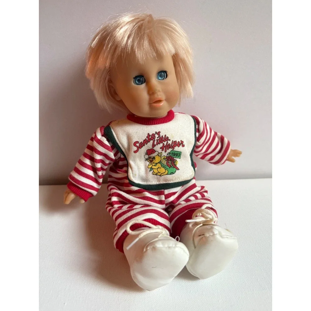 Vintage 1993 Santa's Little Helper Baby Doll Red Striped Sleeper 12 Inch
